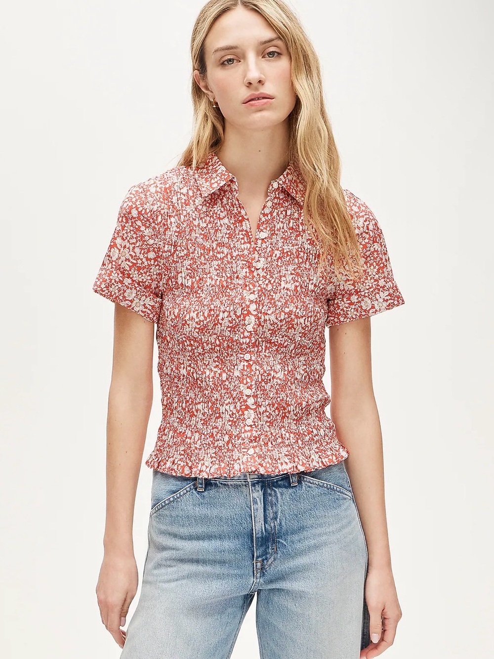 J. Crew Smocked Button-up Shirt Short Sleeve Liberty®Lizzy Red Fabric Sz M $168 - Picture 2 of 9